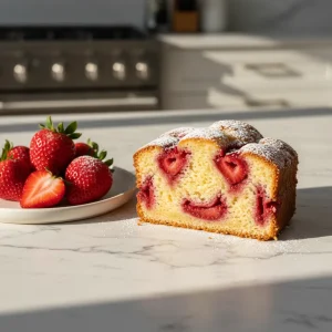 A thick slice of moist strawberry pound cake with a roasted fruit reduction swirl on a white ceramic plate.