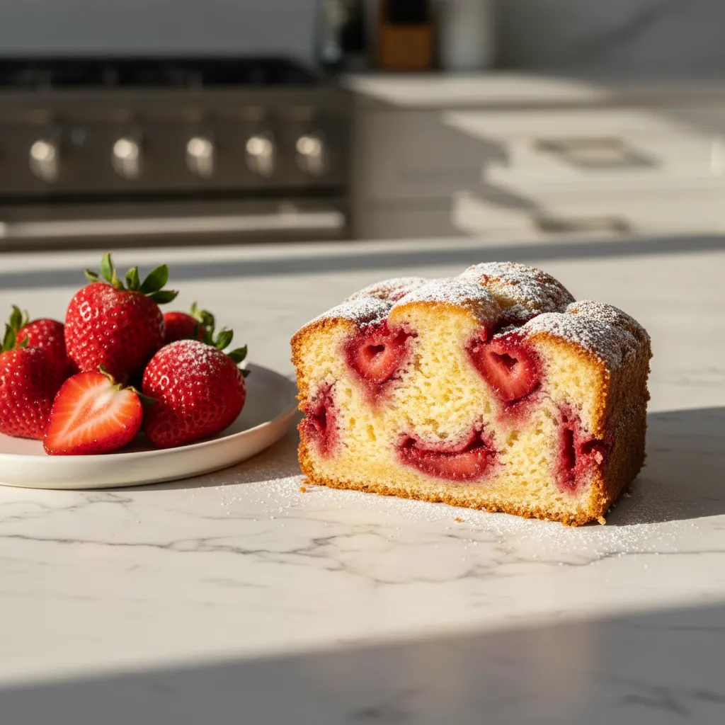 A thick slice of moist strawberry pound cake with a roasted fruit reduction swirl on a white ceramic plate.