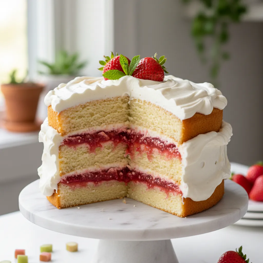 Strawberry Rhubarb layer cake with Chantilly cream on marble stand
