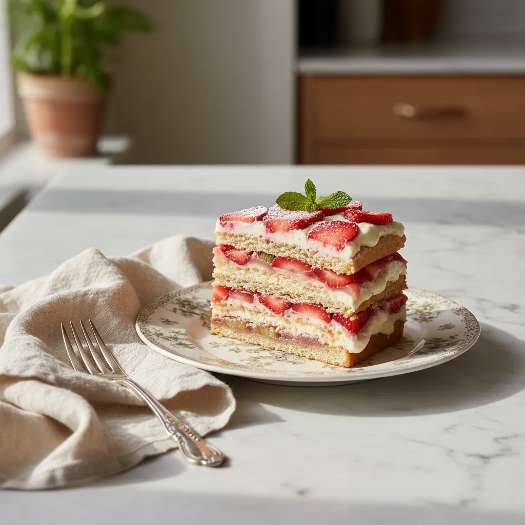 Slice of chilled strawberry rhubarb icebox cake served on vintage ceramic ware