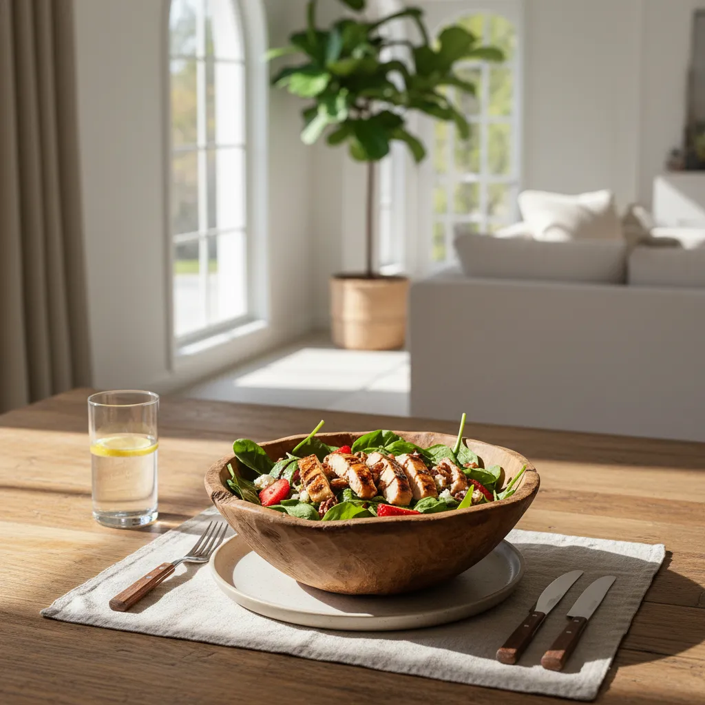 Rustic wooden bowl filled with strawberry balsamic chicken spinach salad on a dining table