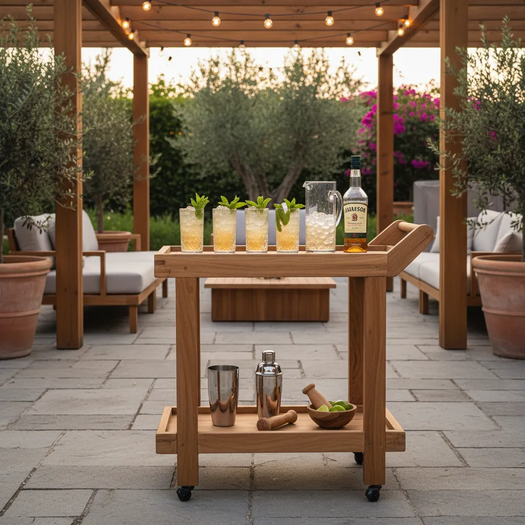A luxurious outdoor bar setup featuring Jameson Green Tea cocktails in crystal glassware