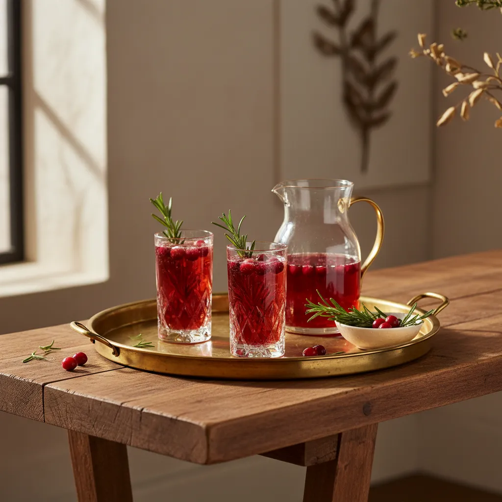 Close up of a styled bar cart featuring cranberry whiskey drinks on a brass tray