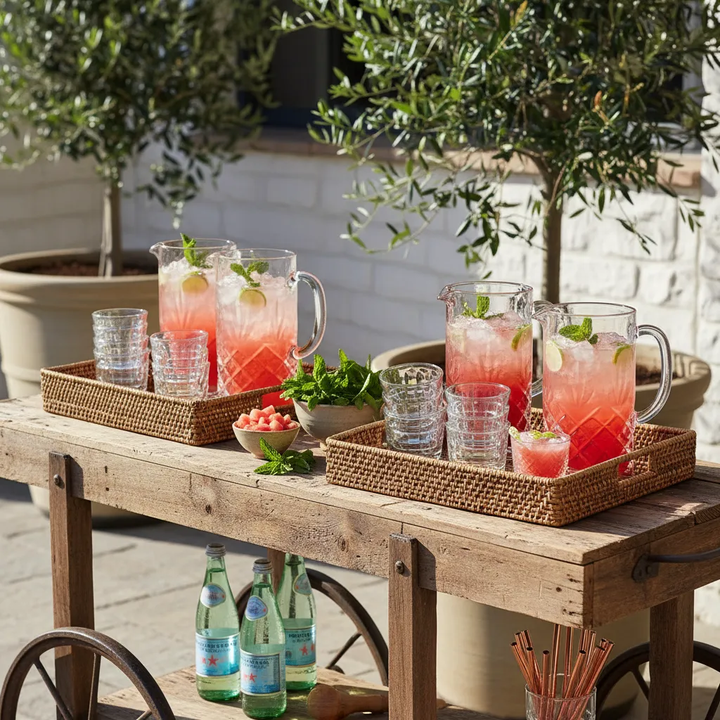 Rustic outdoor bar cart styled with seagrass trays and pitchers of watermelon drinks