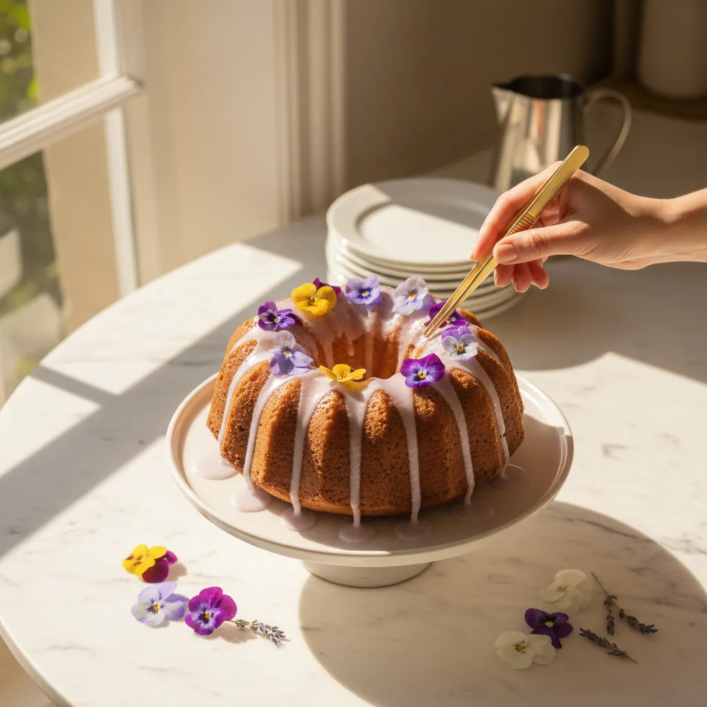 Decorating lemon cake with edible lavender and pansies