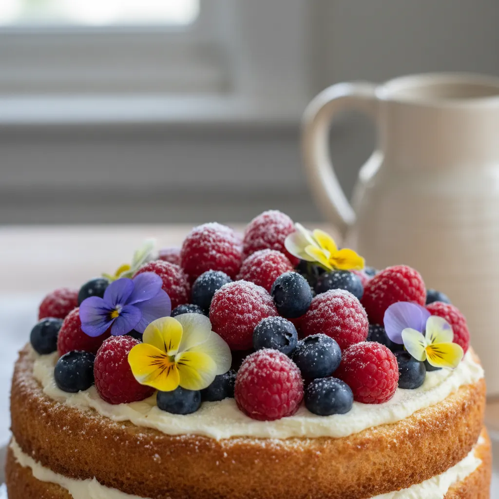 Close up detail of raspberries and blueberries on a rustic cake