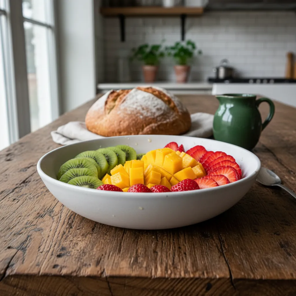 Close up of a vibrant rainbow fruit bowl in matte white ceramic