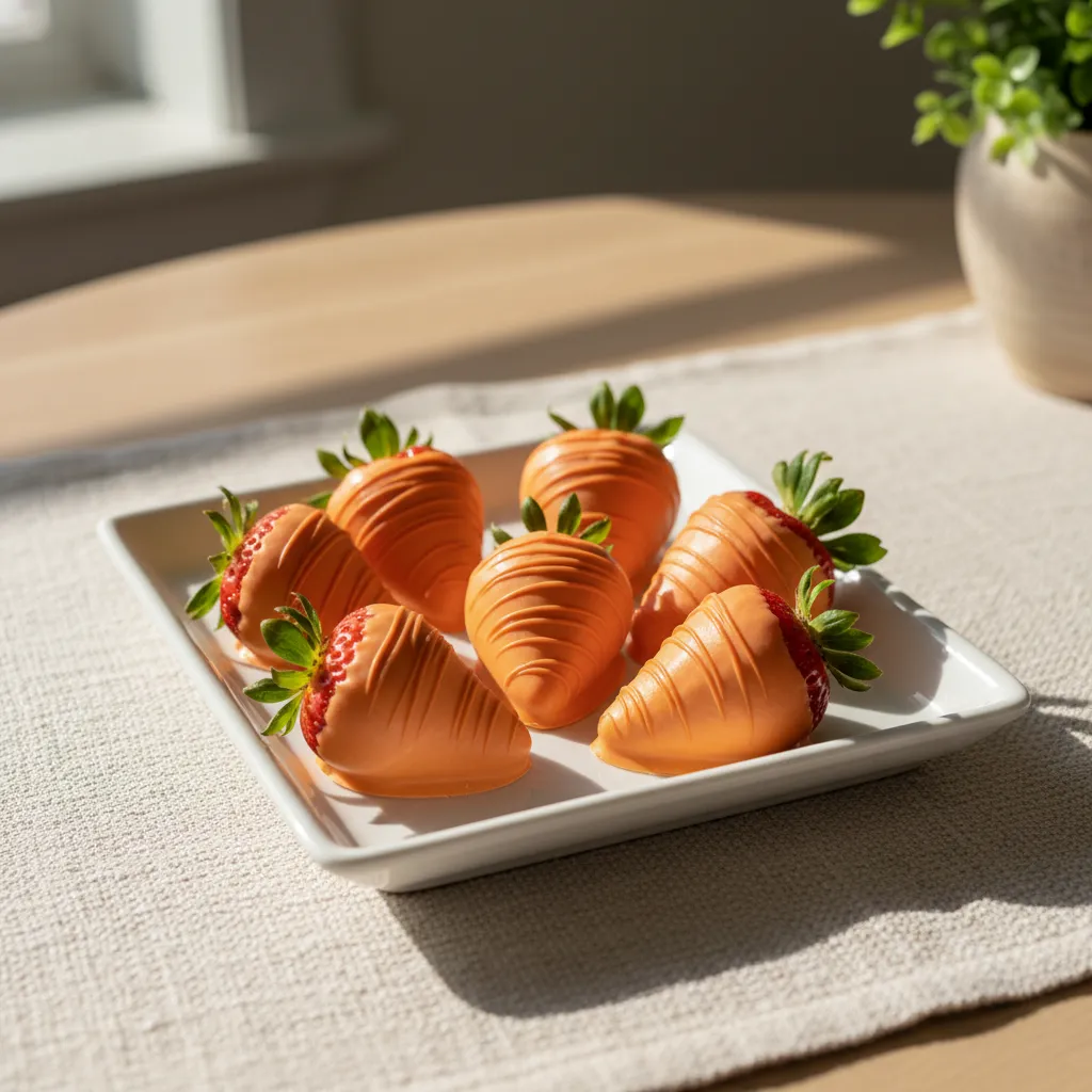 White porcelain tray displaying orange chocolate strawberry carrots