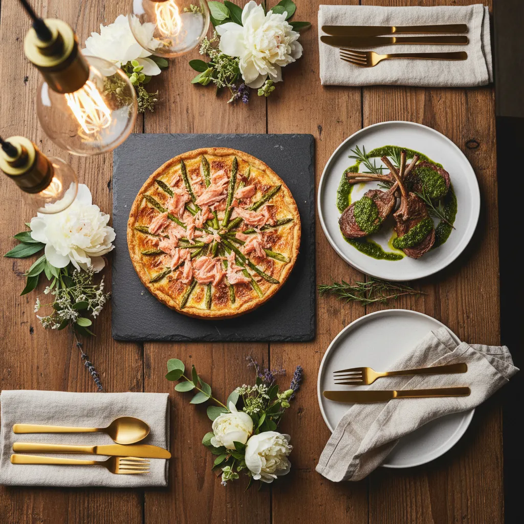 Sophisticated Mother Day food dinner brunch ideas featuring smoked salmon tart and herb-roasted lamb on a designer tablescape.