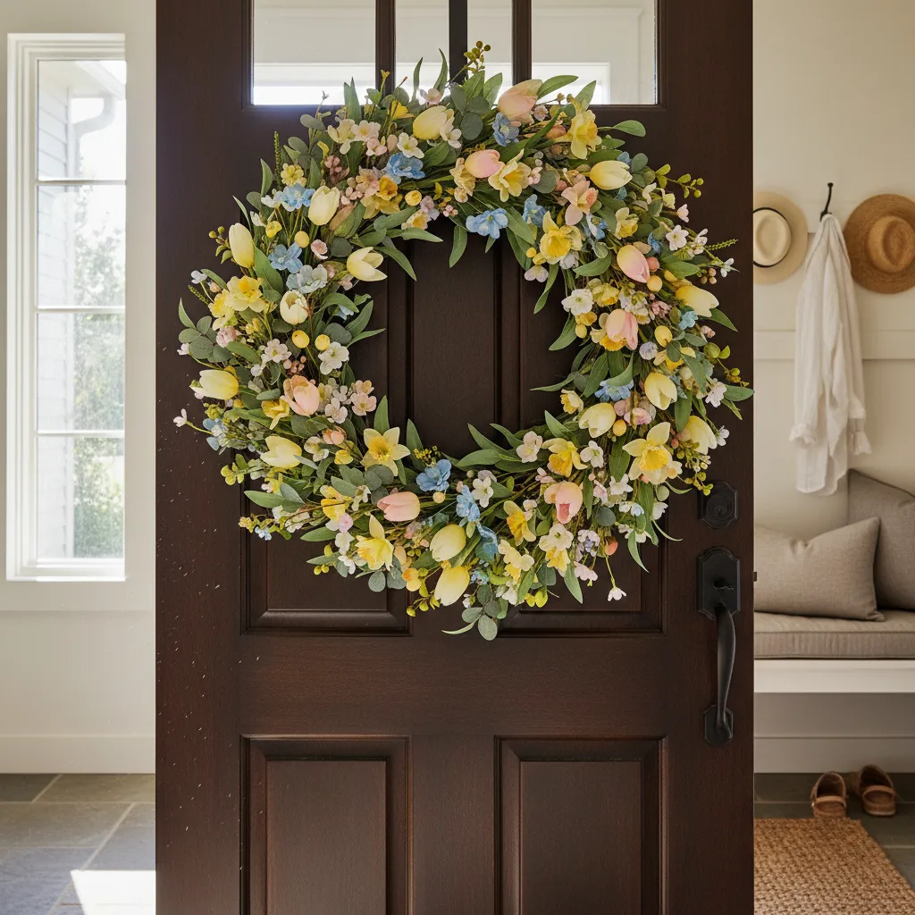 Spring wreath hanging on door in bright sunlight