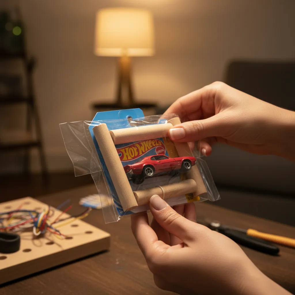 Hands carefully wrapping a boxed collectible car using wooden dowels