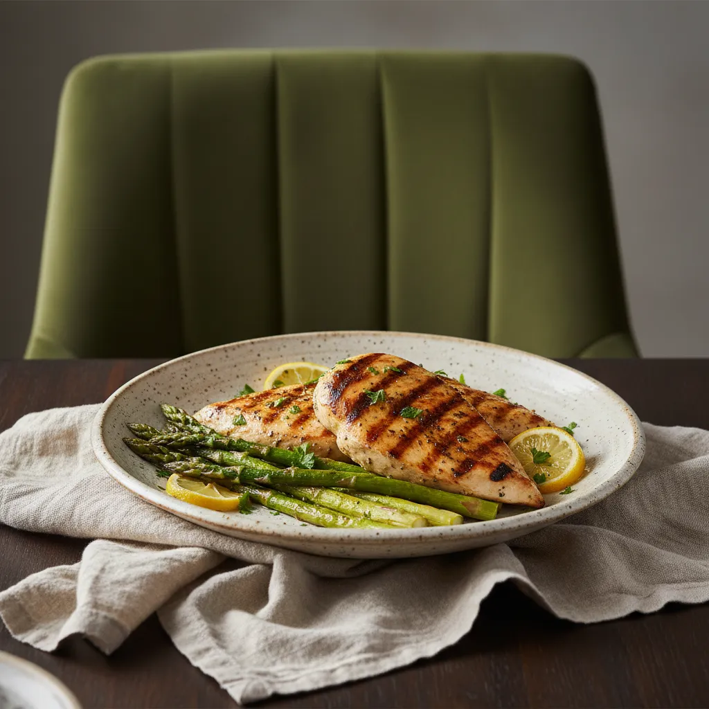 Ceramic plate with chicken salad paired with natural linen napkins