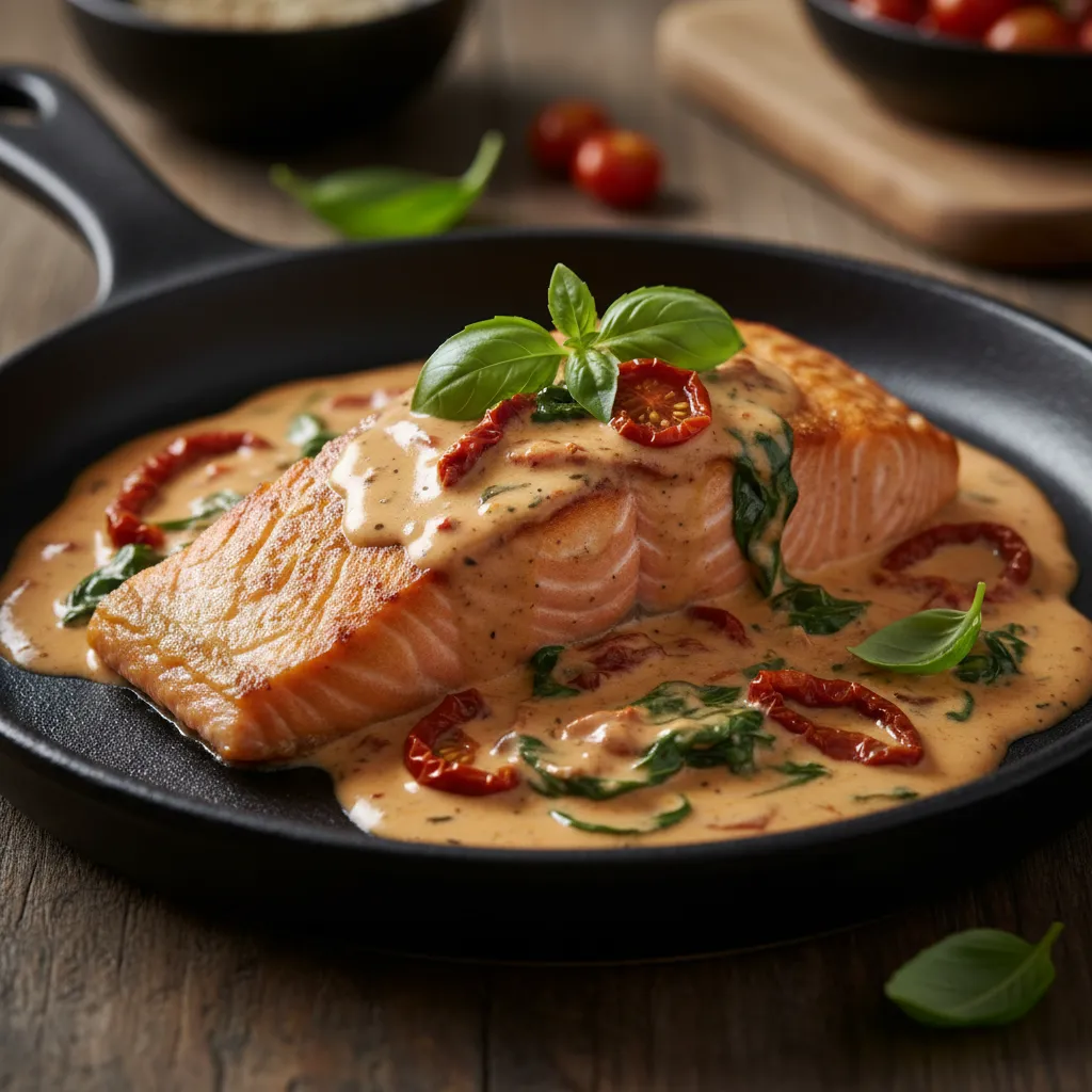 Close up of creamy keto Tuscan salmon on a matte black plate