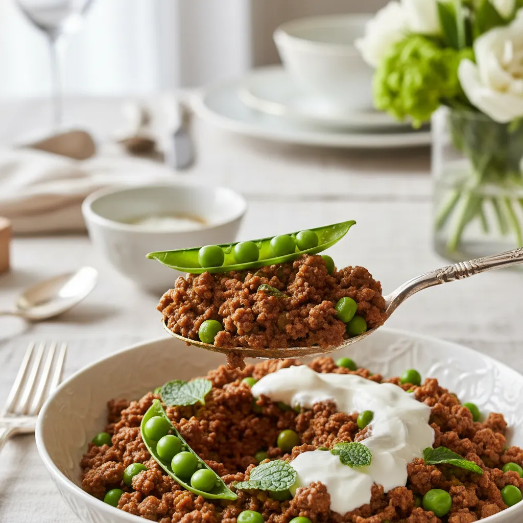 Close up of ground beef texture mixed with bright green garden peas