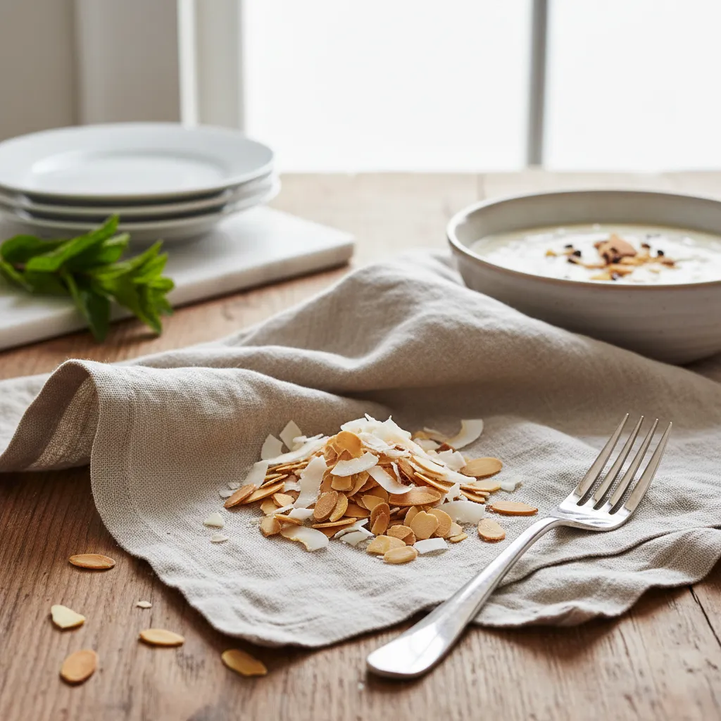 Toasted almonds and coconut flakes arranged aesthetically on natural linen