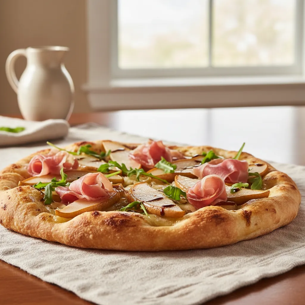 Close up of prosciutto and pear flatbread showing crisp crust and soft toppings