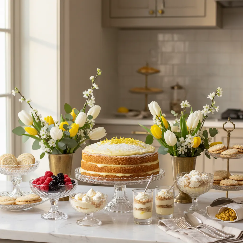Layered lemon poke cake with pudding on a decorated dessert table