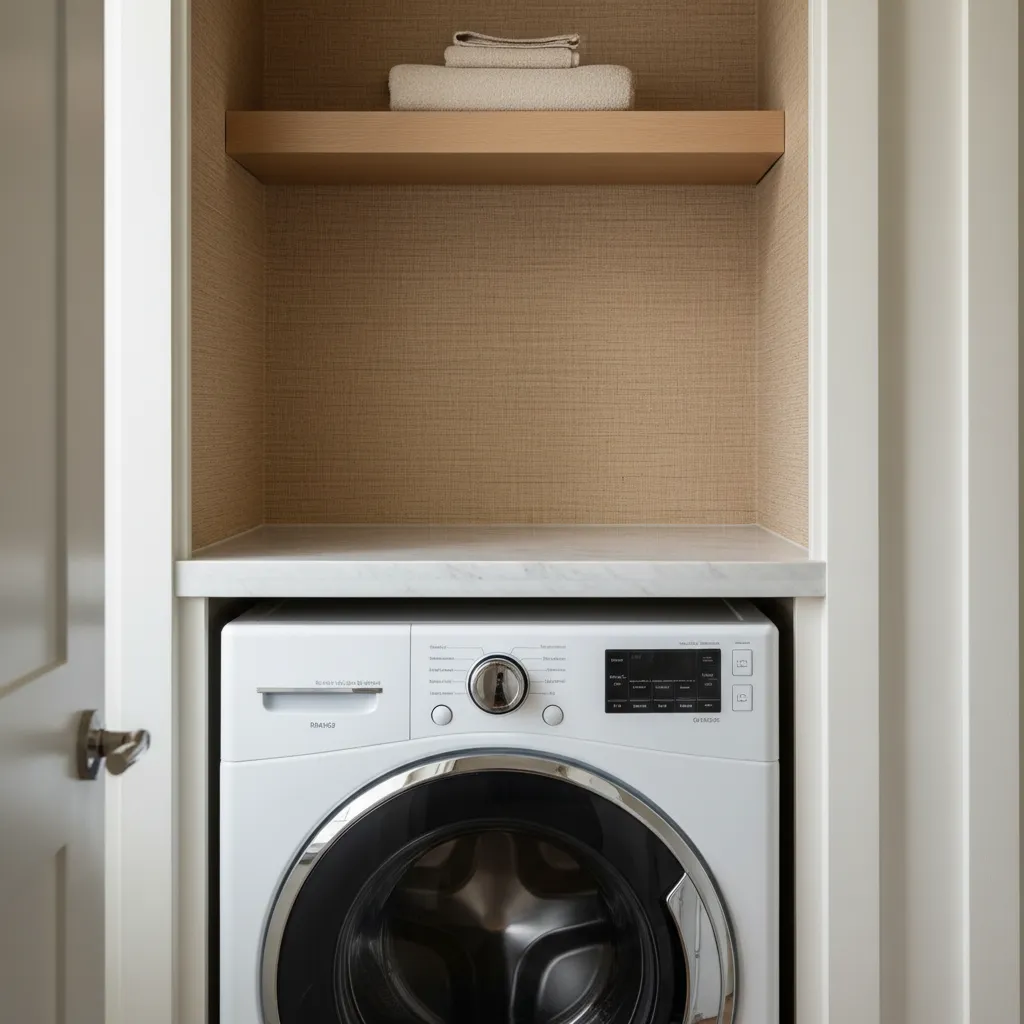 Grasscloth wallpaper and ambient lighting around a washing machine