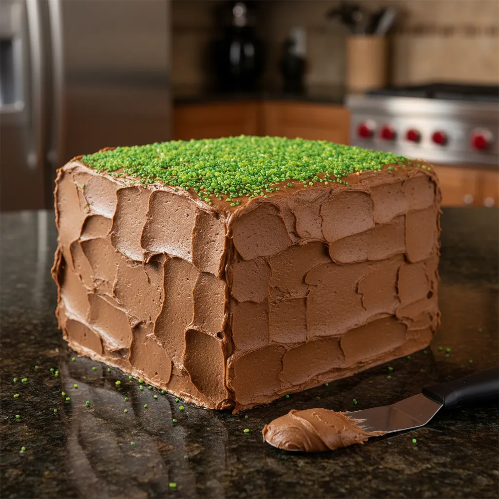 Close up of brown buttercream texture on a square cake