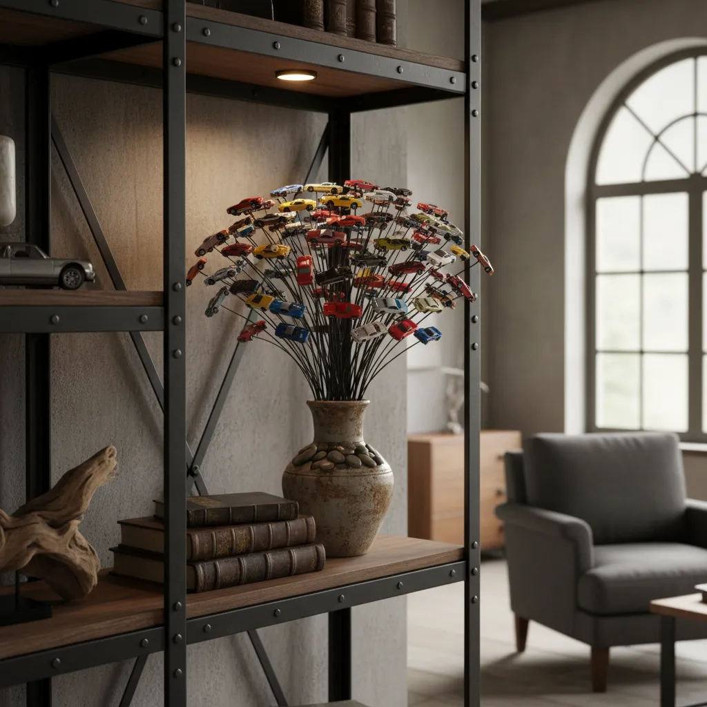 Industrial shelving displaying a thematic miniature car bouquet