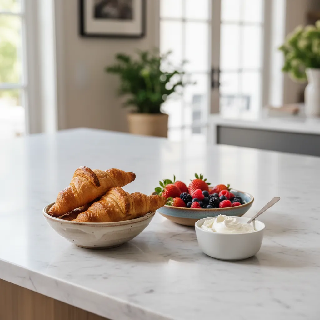 Fresh croissants and berries arranged on a marble kitchen island