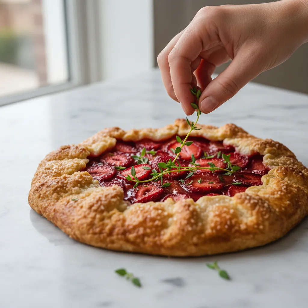 Fresh thyme sprigs on strawberry rhubarb galette filling