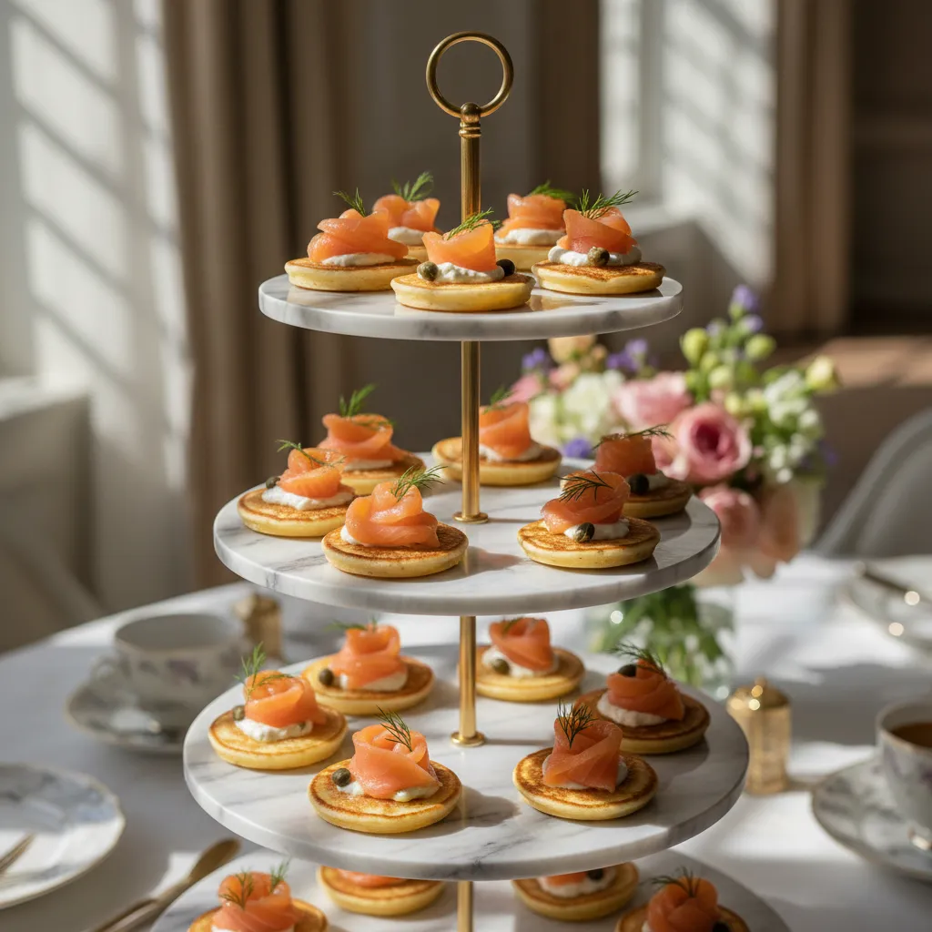 Marble tiered serving stand displaying smoked salmon blinis for a tea party