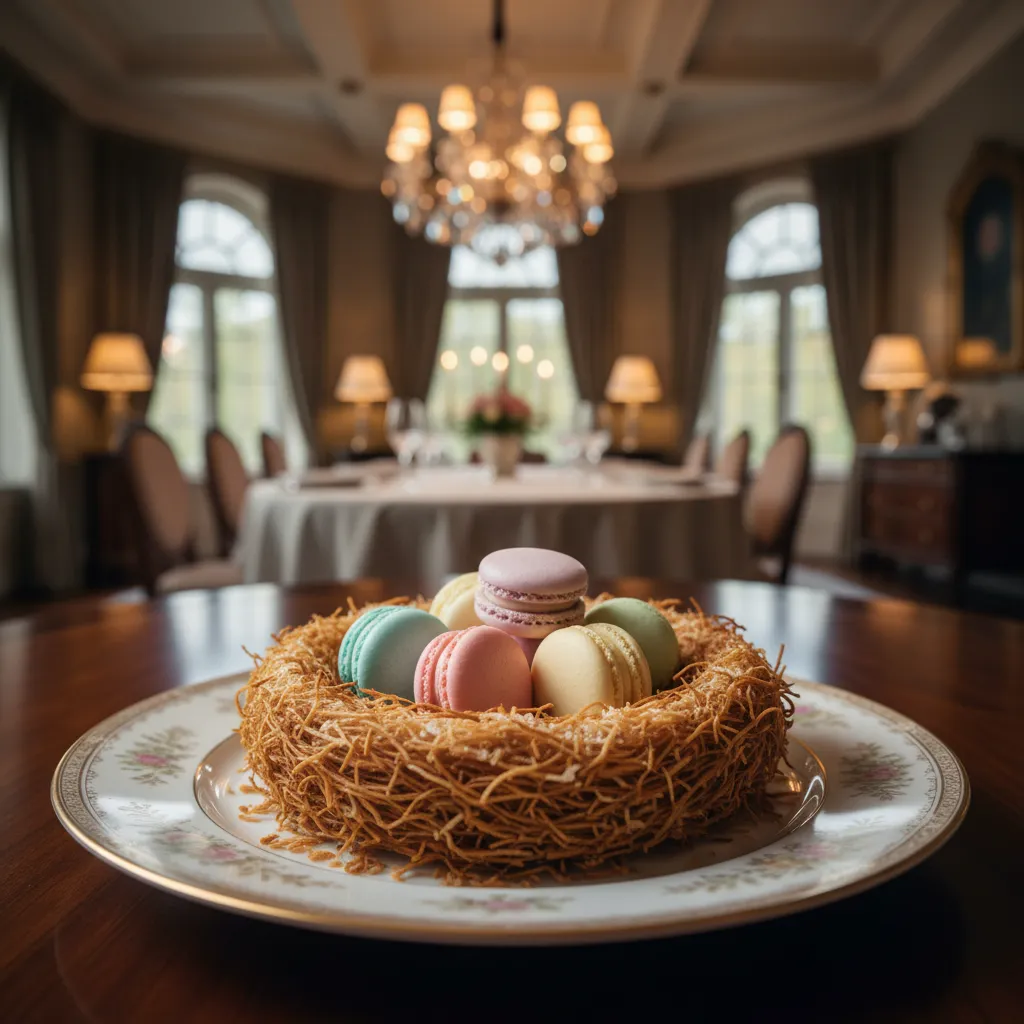 Toasted coconut styled as a bird nest holding pastel macarons on fine china