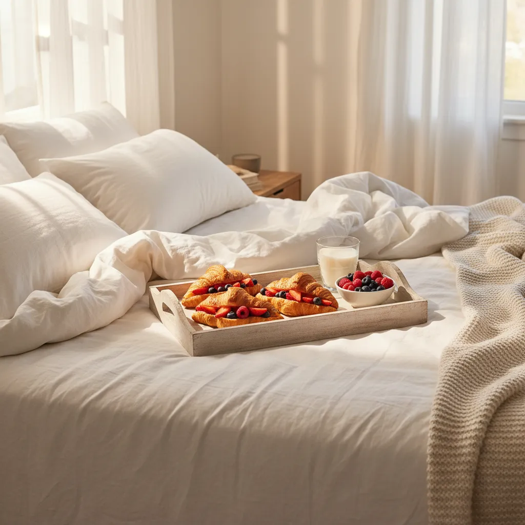 Breakfast in bed tray with fruit croissants on soft linen sheets