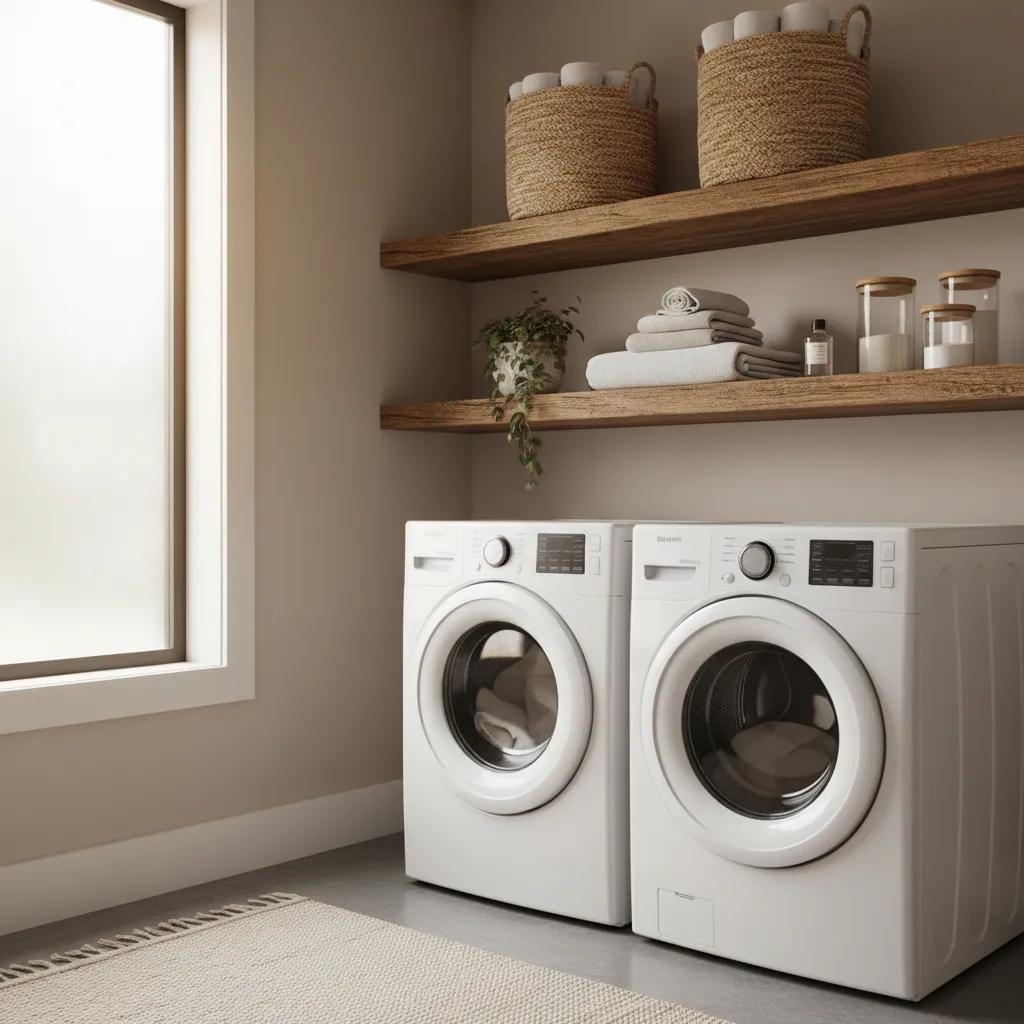 Thick wooden floating shelves installed above top loading washing machines in a modern laundry room.