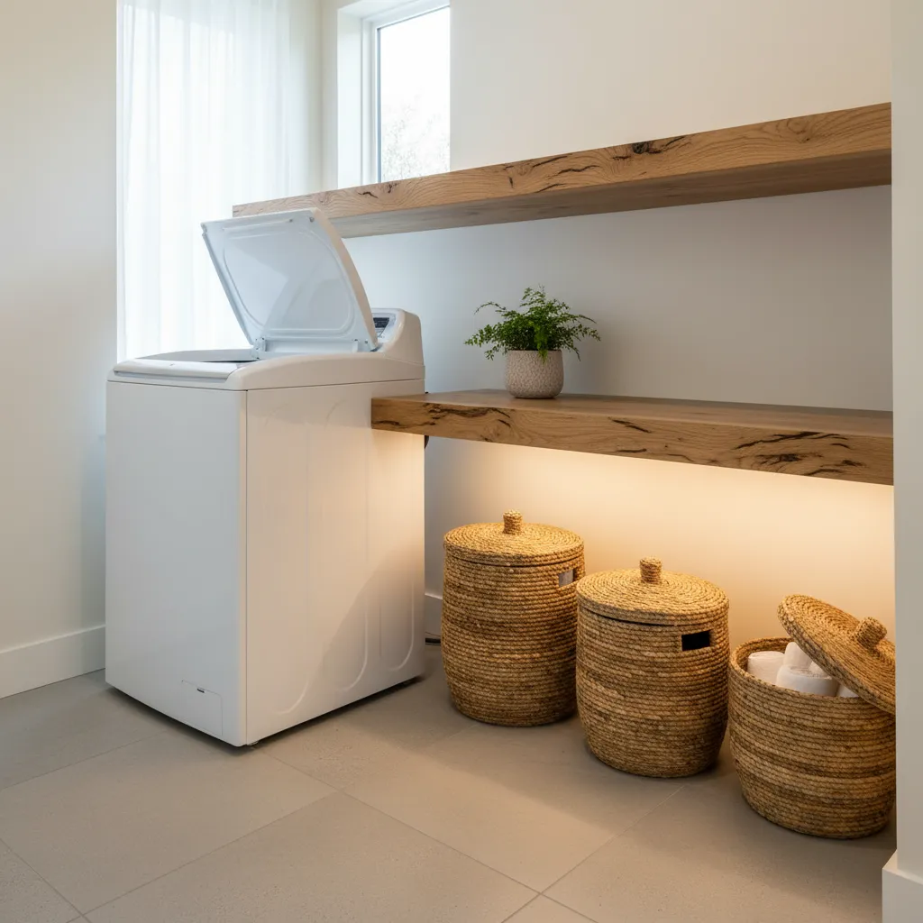 A well-designed laundry room showing proper vertical clearance for a top-loading washing machine with floating wooden shelves.