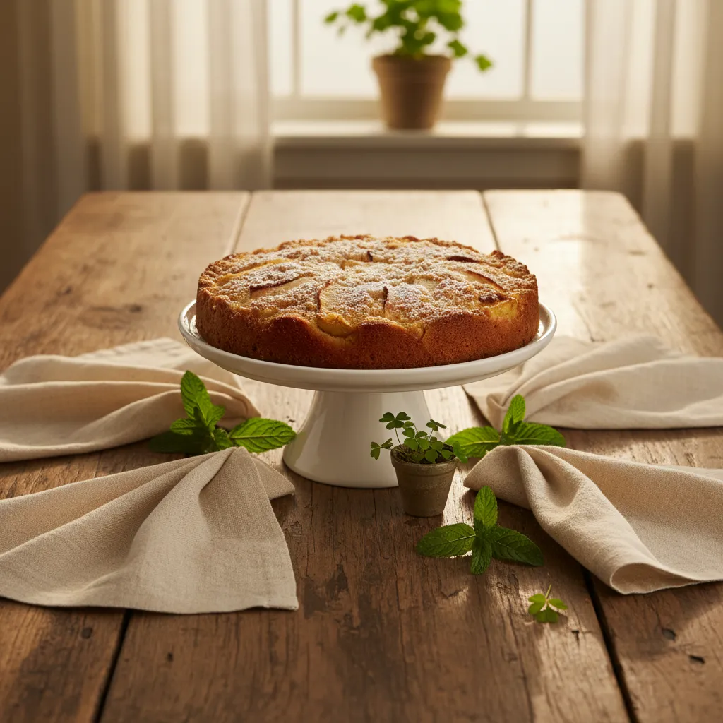 Rustic authentic Irish apple cake on a ceramic cake stand with warm lighting