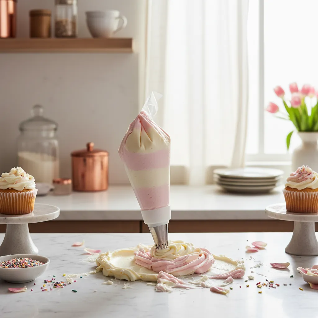 Pastry bag filled with pink and white frosting for tulip cupcake decoration