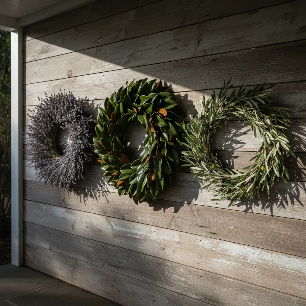 Comparison of lavender, magnolia, and olive branch preserved wreaths