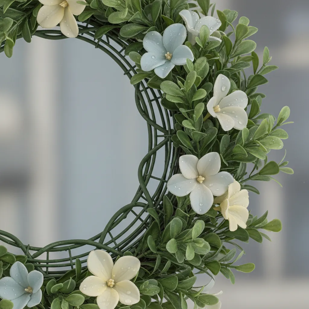 Close up texture of UV resistant faux boxwood and silicone flowers