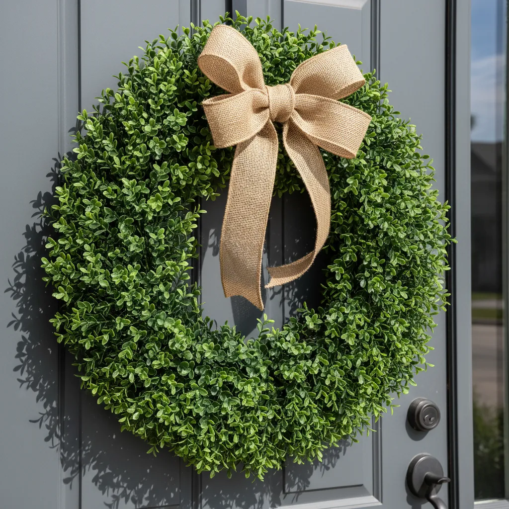 Realistic faux boxwood wreath with UV protection hanging on a sunny front door