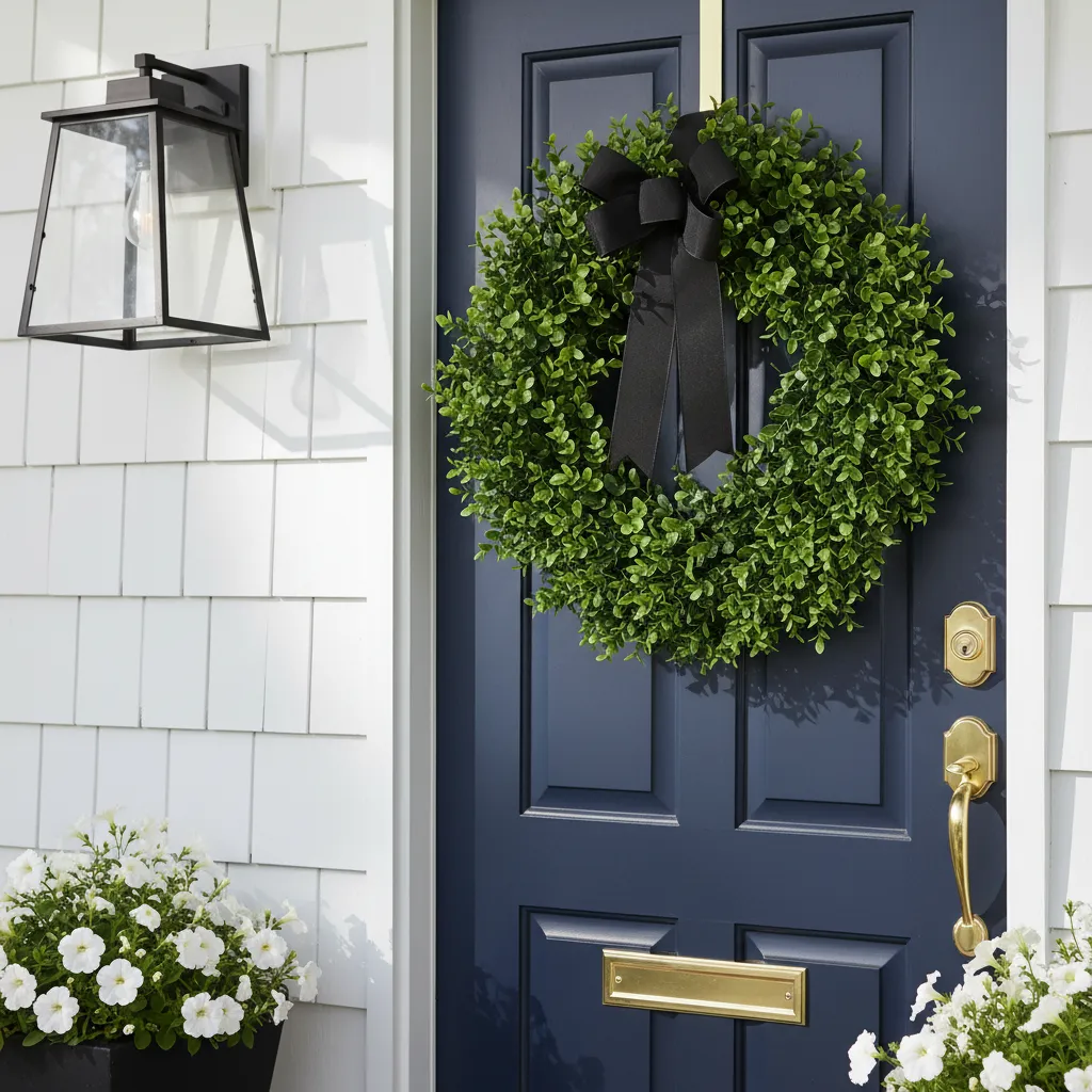 A dense, high-quality faux boxwood spring wreath for front door styled with a black grosgrain ribbon on a navy blue door.