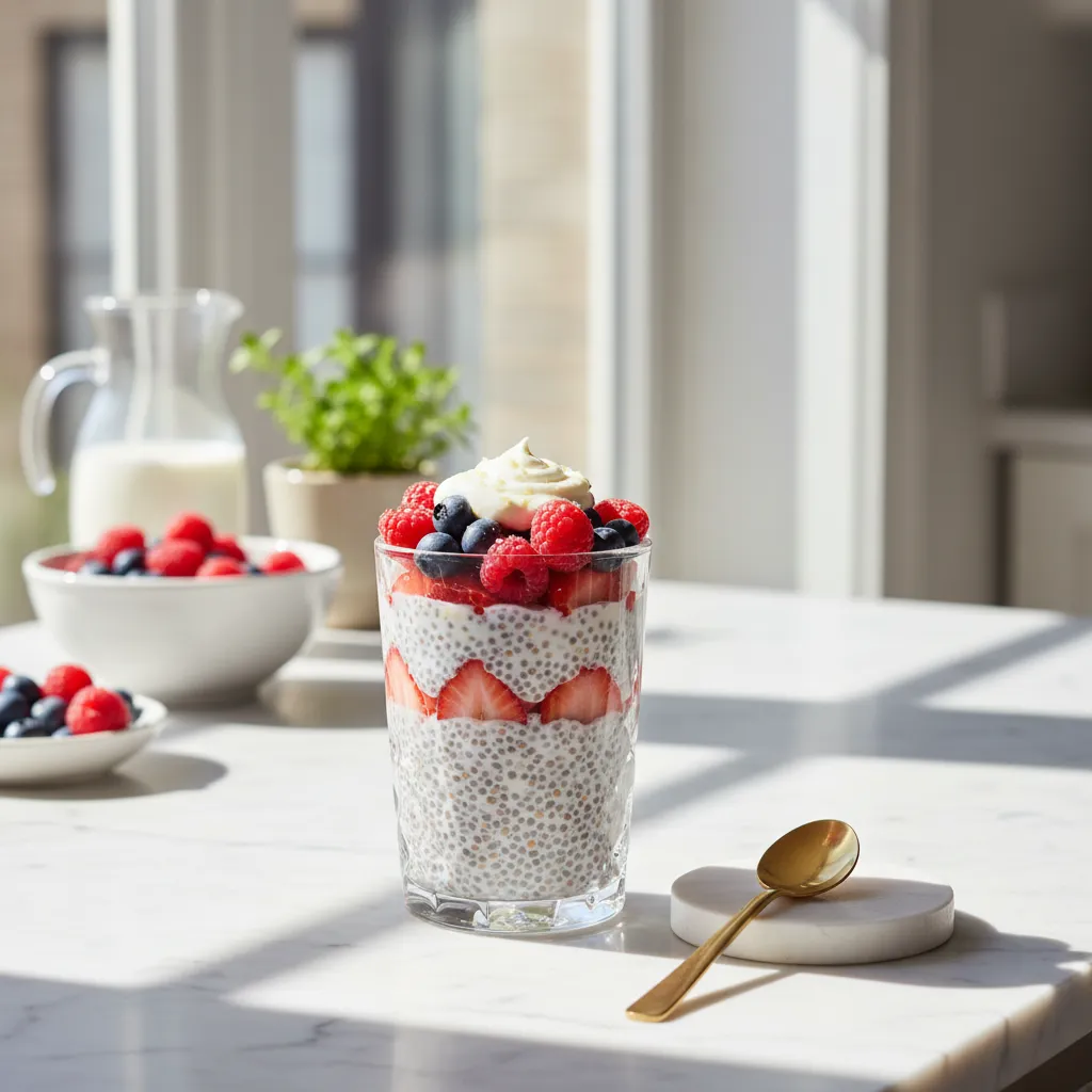Elegant glass of vanilla bean chia seed pudding on a bright white marble kitchen island