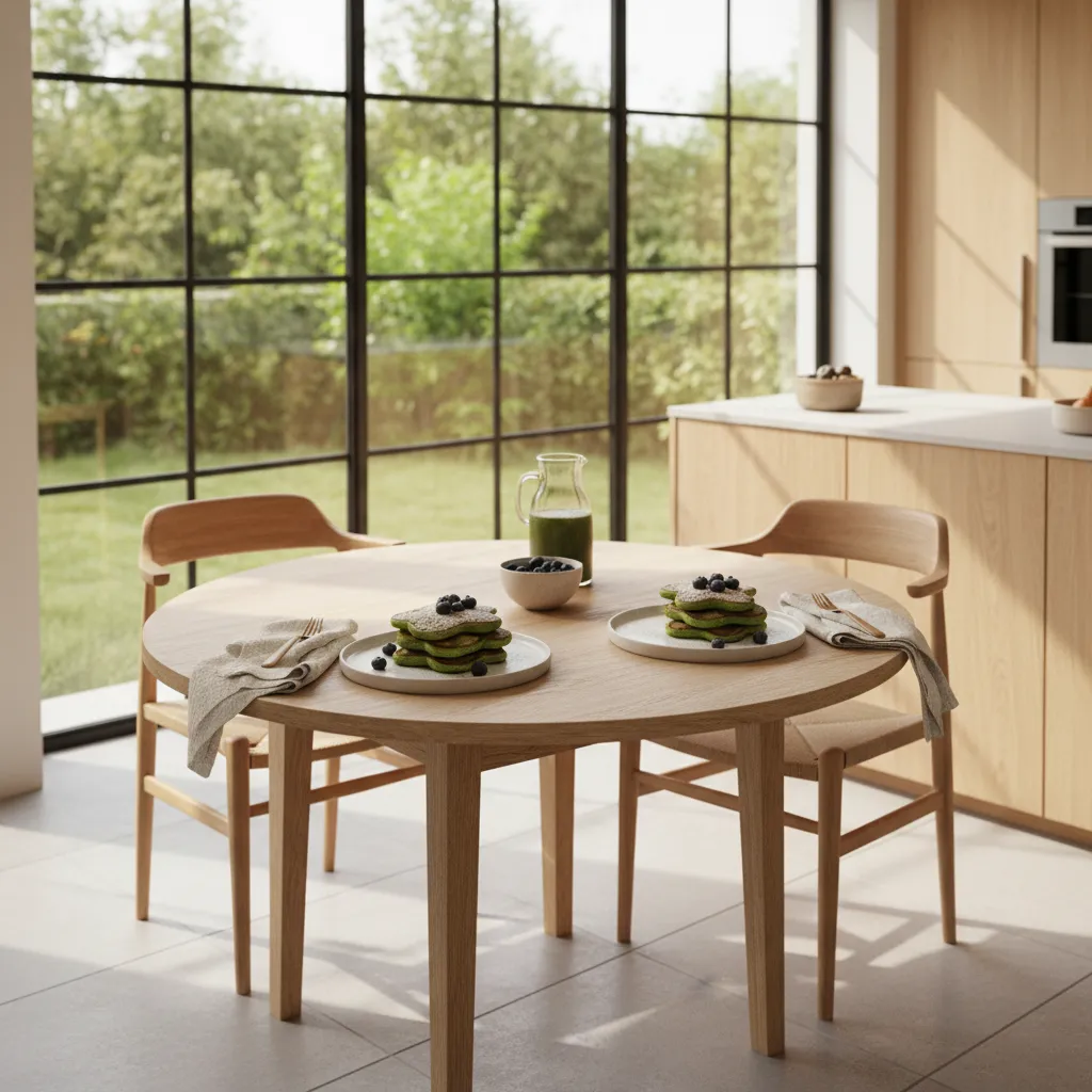 Green spinach and matcha shamrock pancakes served on rustic ceramic plates in a sunlit breakfast nook