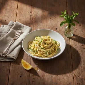 A beautifully plated bowl of vegetarian lemon ricotta linguine on a rustic wooden table with elegant spring decor.