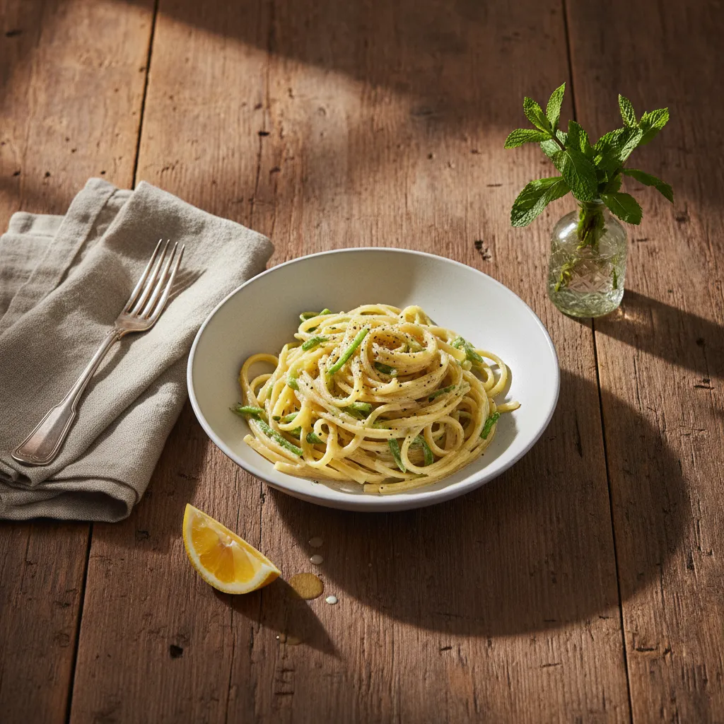 A beautifully plated bowl of vegetarian lemon ricotta linguine on a rustic wooden table with elegant spring decor.