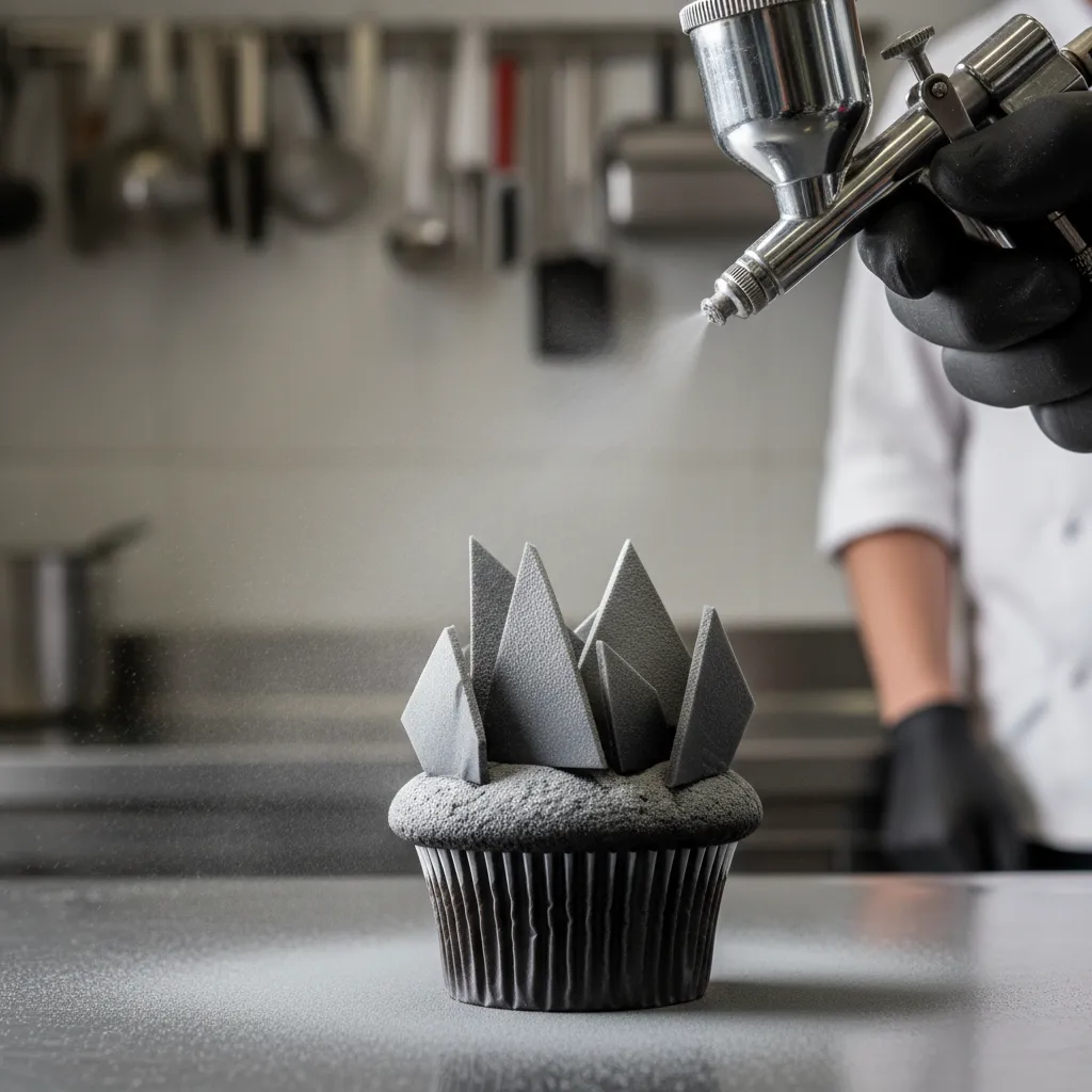 Applying a velvet matte finish to a monochromatic cupcake
