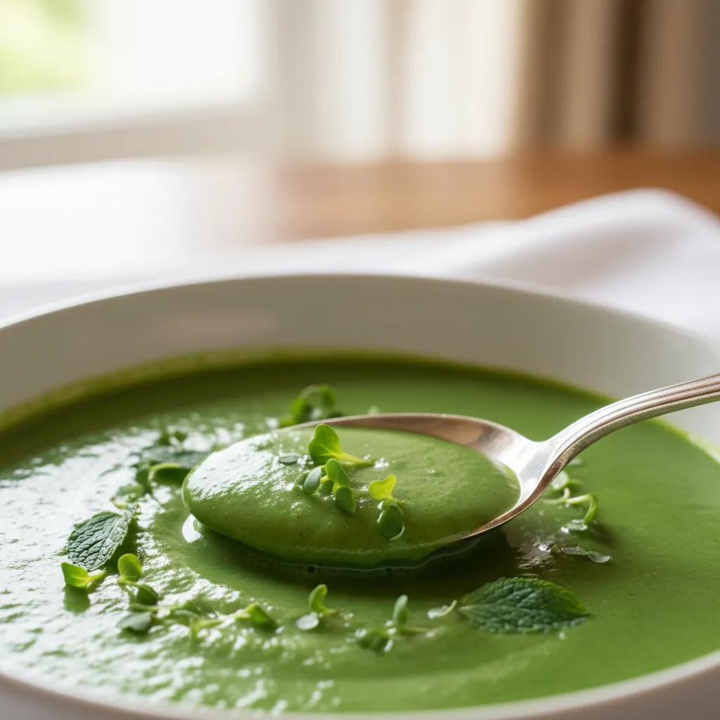 vibrant garden pea and mint bisque