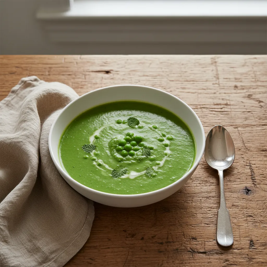 vibrant garden pea and mint bisque