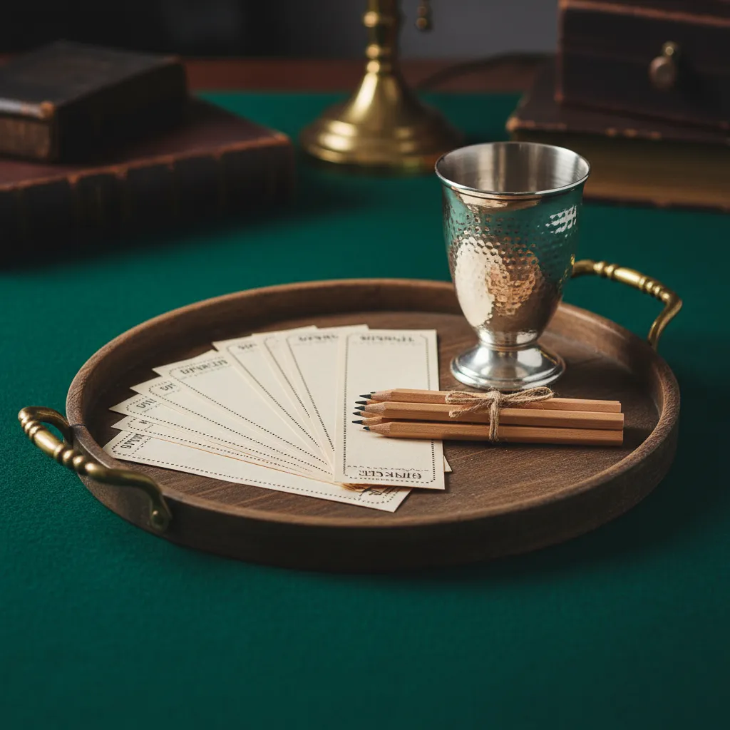 Antique wooden tray with betting slips and pencils on green felt