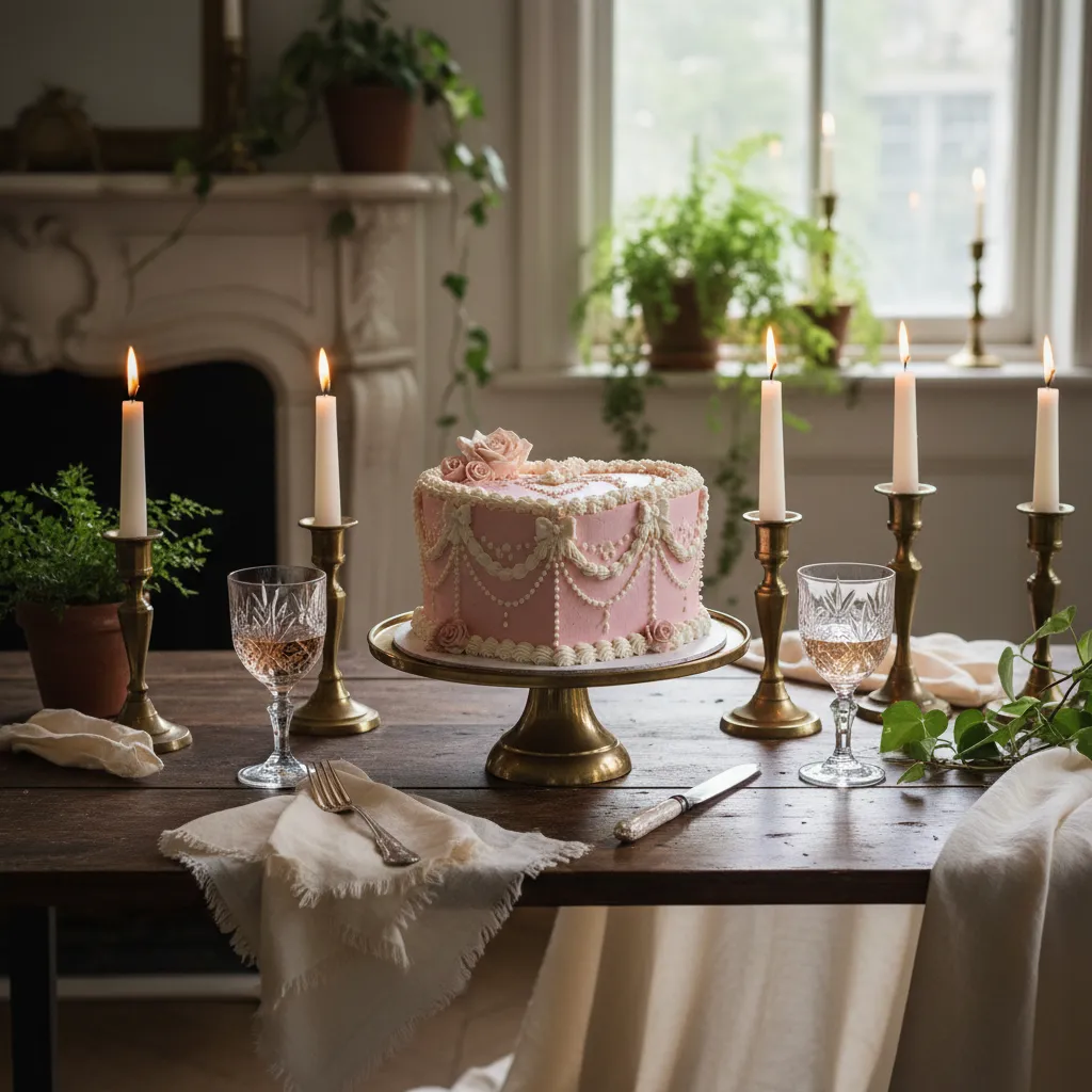 Elegant dining table setting with vintage heart cake and brass decor