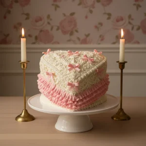 Heart-shaped Mother's Day cake with intricate vintage Lambeth piping and pink ribbons.