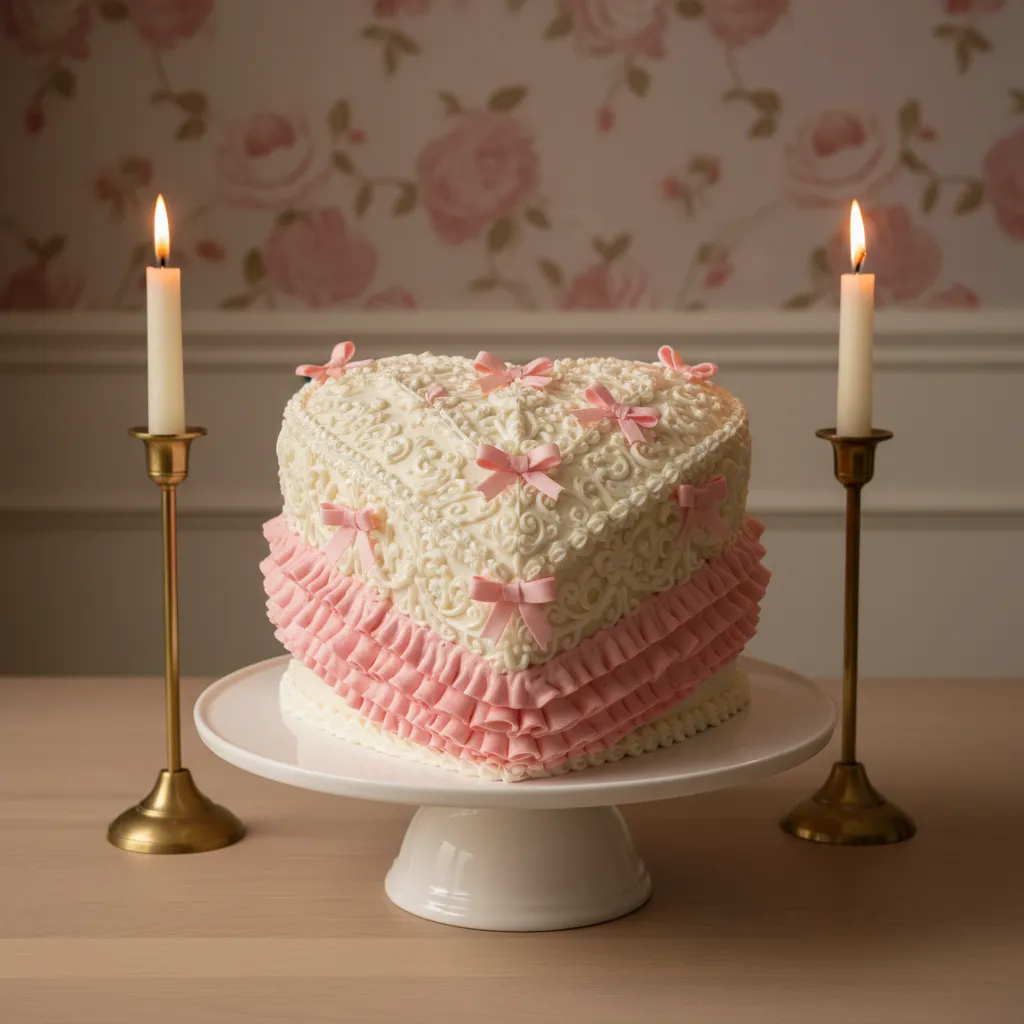 Heart-shaped Mother's Day cake with intricate vintage Lambeth piping and pink ribbons.