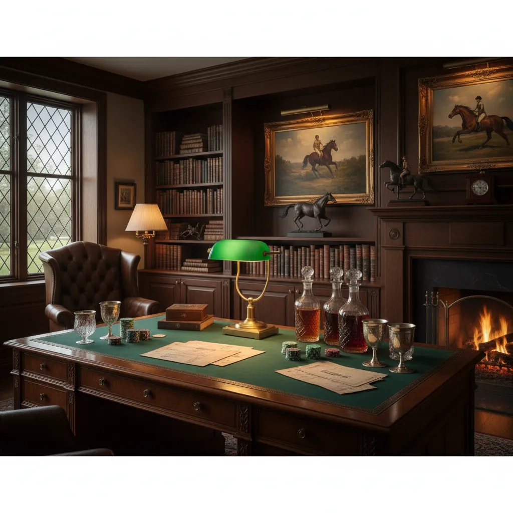 Luxurious mahogany desk setup as a vintage Derby betting station