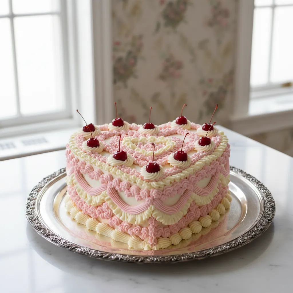 Heart shaped cake with intricate vintage Lambeth piping and cherries on a silver platter